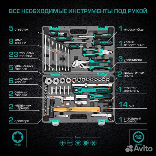 Набор инструментов 76 шт, 12-гранные головки stels