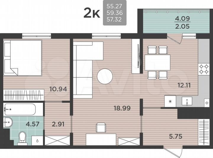 2-к. квартира, 59,4 м², 1/5 эт.