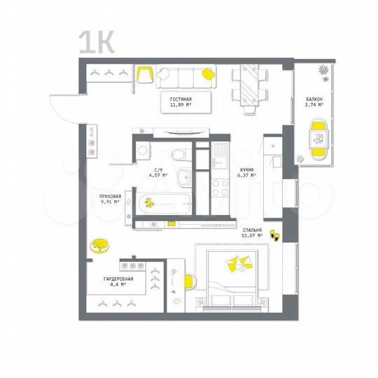 1-к. квартира, 54 м², 9/25 эт.