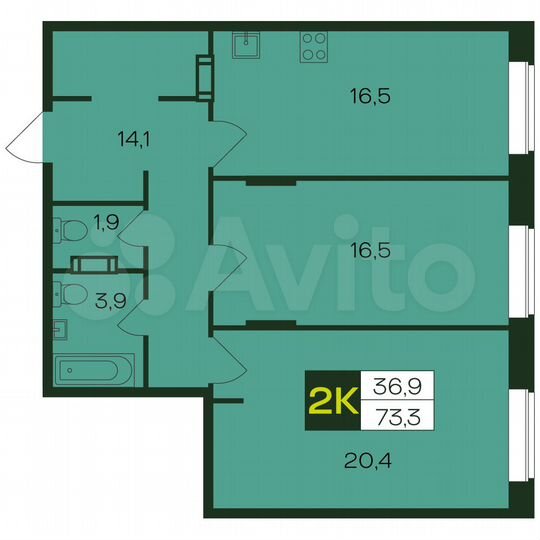 2-к. квартира, 73,3 м², 2/12 эт.