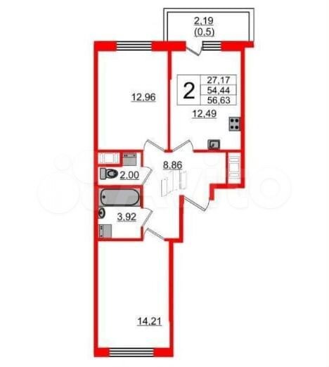 2-к. квартира, 55 м², 3/10 эт.