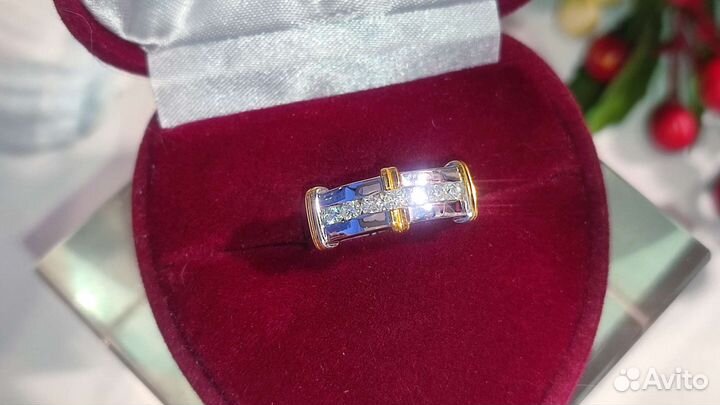 Кольцо муассаниты 7 шт*0,1ct. 925/позолота двутон