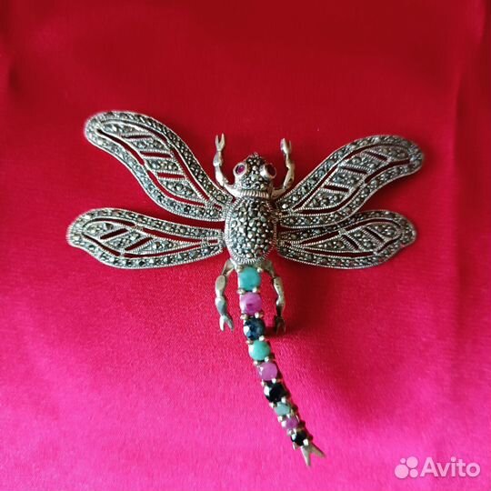 Брошь Стрекоза серебро, натуральные камни