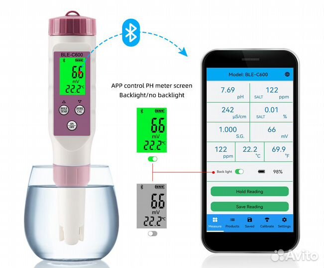 PH, TDS, EC, Bluetoothe Тестер зонд для воды 6 в 1