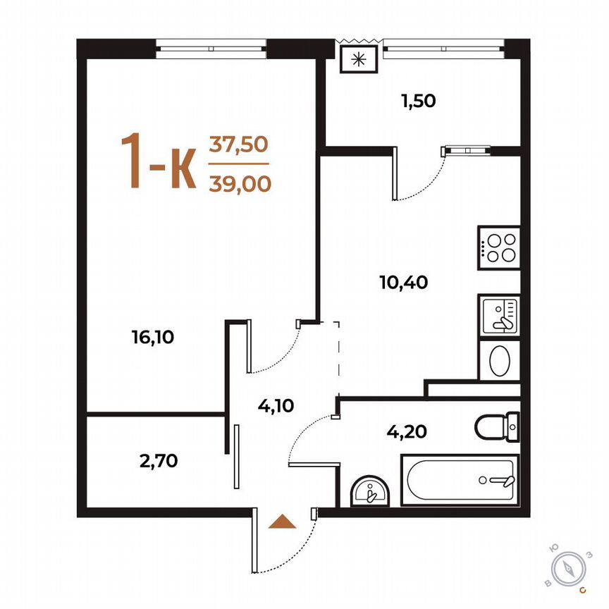 1-к. квартира, 39 м², 6/8 эт.