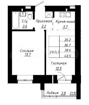 2-к. квартира, 40,5 м², 4/10 эт.