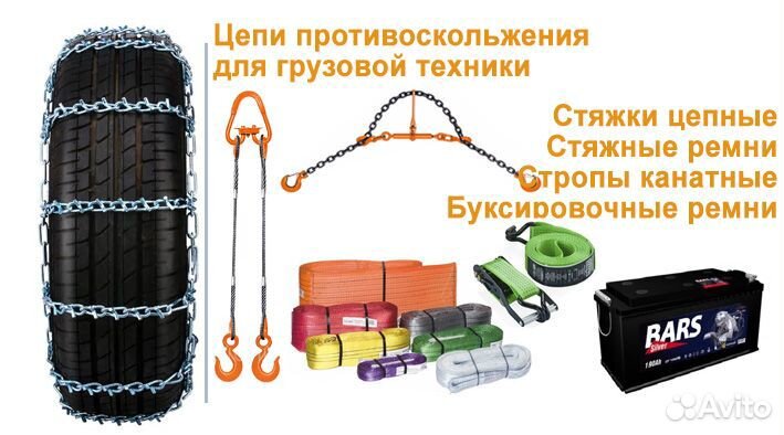 Цепи противоскольжения, стропы, стяжки