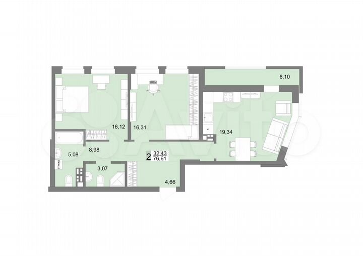 2-к. квартира, 75,9 м², 10/12 эт.