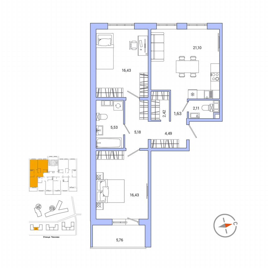 2-к. квартира, 78,2 м², 9/9 эт.