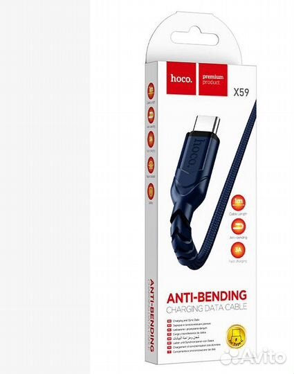 Кабель Type-C (3А) тканевая оплетка (hoco X59) Син