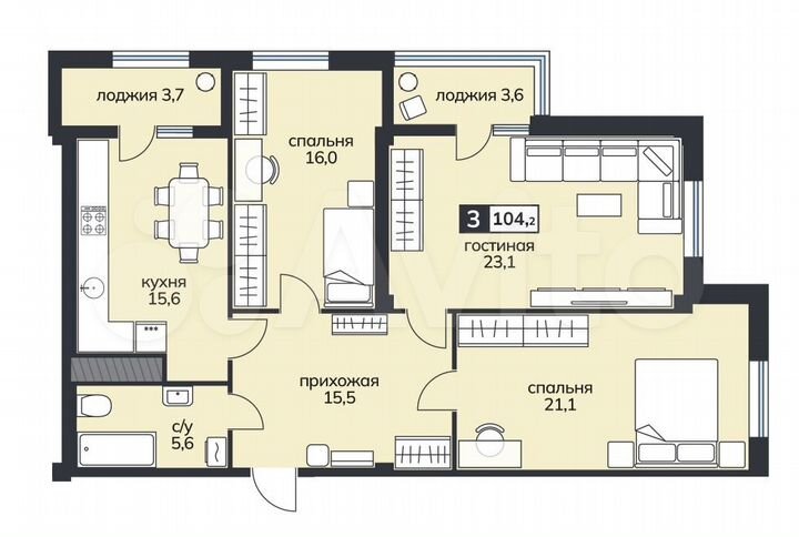 3-к. квартира, 104,2 м², 7/15 эт.