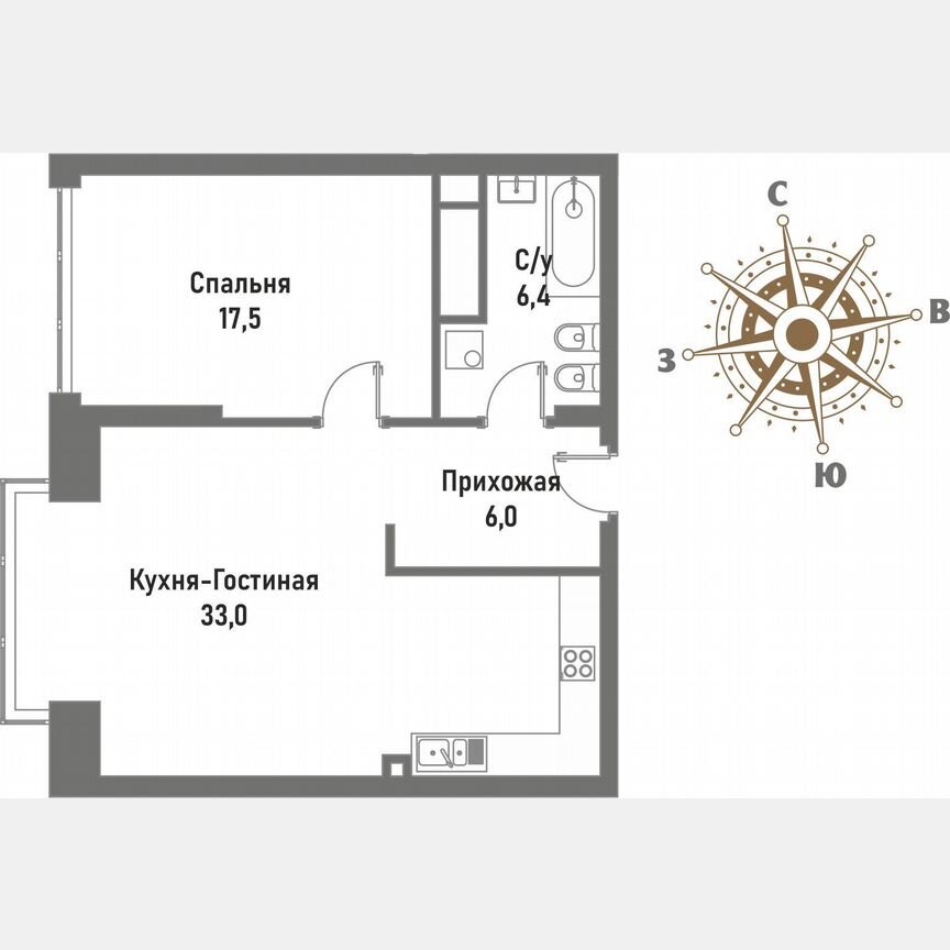 1-к. квартира, 62,9 м², 7/15 эт.