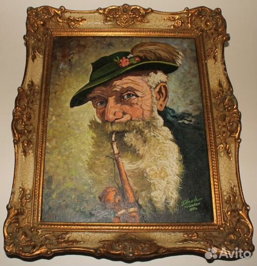 Немецкая Картина. Охотник с Трубкой. Холст. Масло