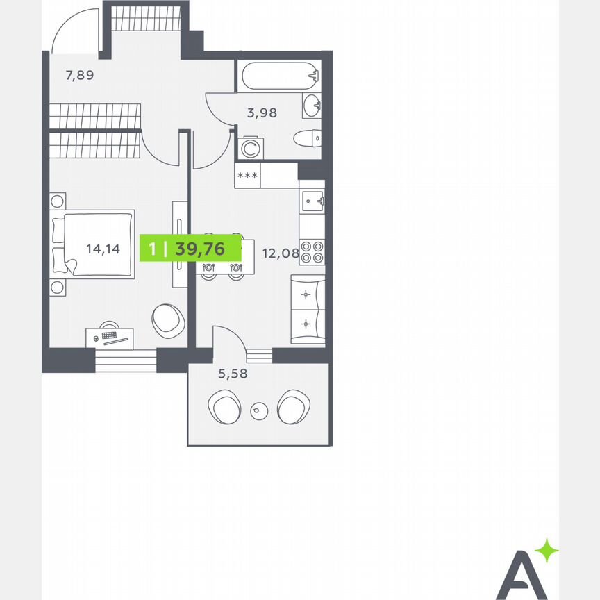 1-к. квартира, 39,3 м², 2/12 эт.