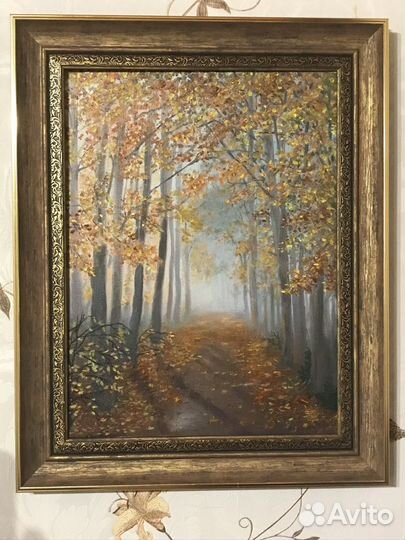 Картина маслом на холсте пейзаж осень лес рассвет