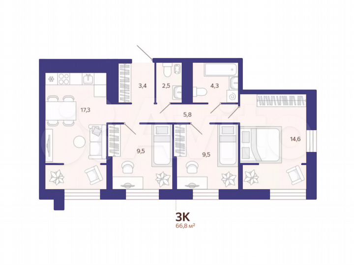 3-к. квартира, 66,8 м², 6/14 эт.