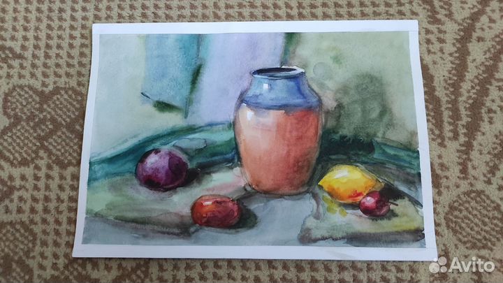 Рисунок акварель - летний стол в беседке