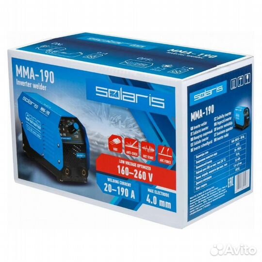 Инвертор сварочный Solaris MMA-190, ток 190А, напр