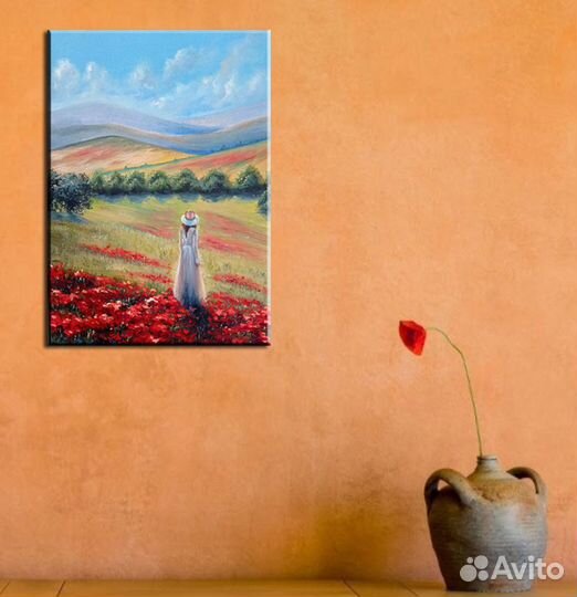 Картина маслом маки, девушка в маковом поле