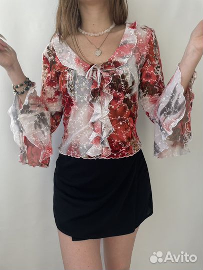 Pimkie винтаж y2k топ сетка с рюшами S