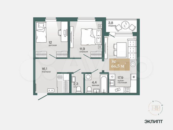 2-к. квартира, 66,5 м², 3/4 эт.