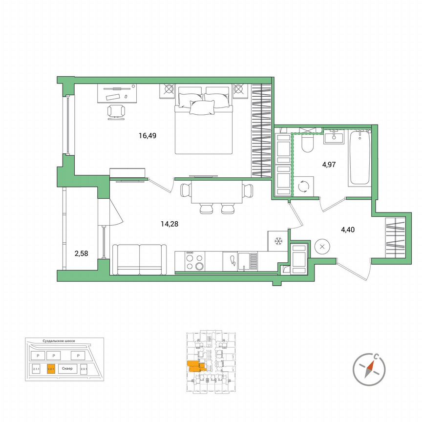 1-к. квартира, 41,4 м², 25/25 эт.