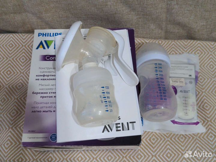 Молокоотсос avent ручной +бутылка с соской