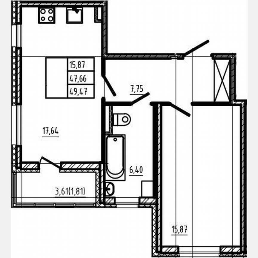 1-к. квартира, 47,7 м², 1/4 эт.