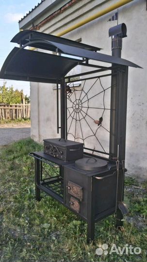 Мангал с крышей кованый и печкой под казан