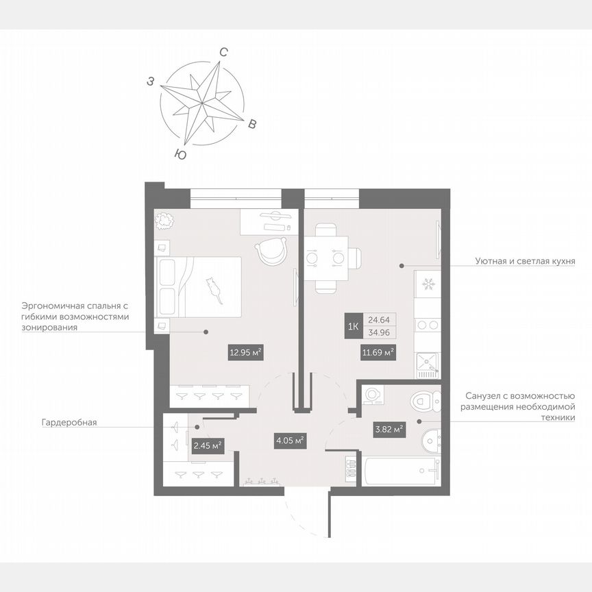 1-к. апартаменты, 35 м², 13/13 эт.