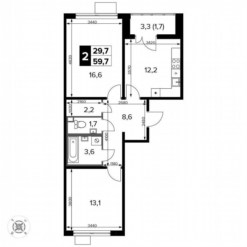 2-к. квартира, 59,7 м², 7/15 эт.