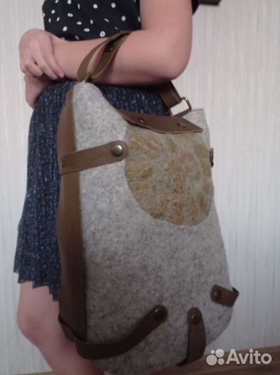 Сумка ручной работы кожа-краст+шерсть овцы валяная