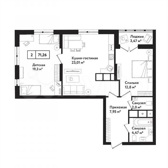2-к. квартира, 71,3 м², 14/25 эт.