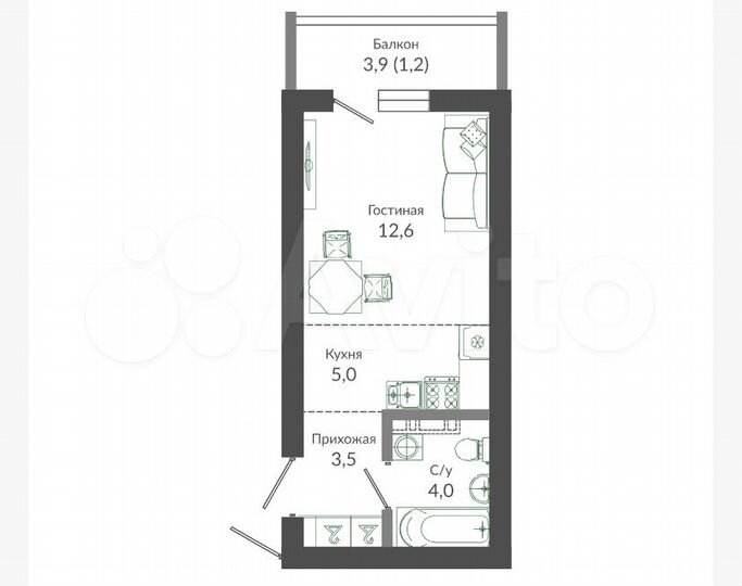 Квартира-студия, 26,3 м², 4/12 эт.