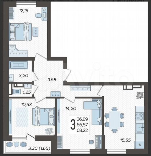3-к. квартира, 68,2 м², 13/16 эт.