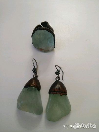 Серьги и кольцо с флюоритами, серебро и медь