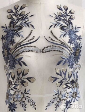 Нашивка на одежду синие цветы пайетки