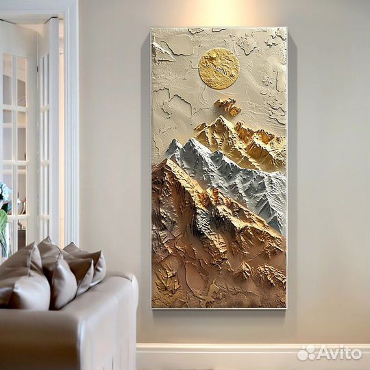 Интерьерная 3D картина маслом Горы с золотом