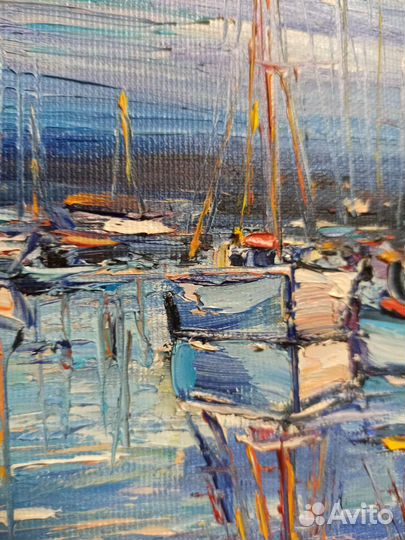 Картина лодки пейзаж маслом море бухта с лодками