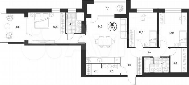3-к. квартира, 105,1 м², 2/22 эт.