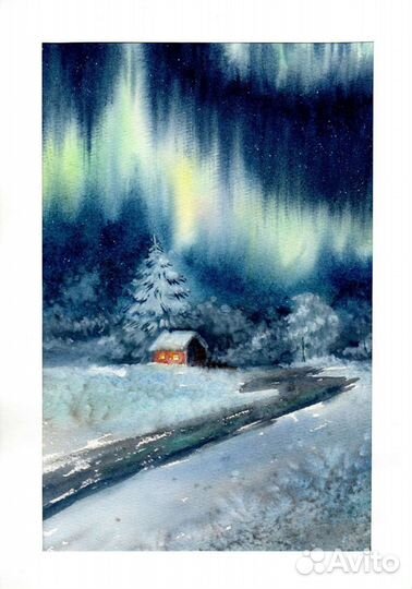 Картина акварелью Северное сияние