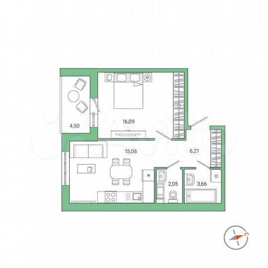 1-к. квартира, 45,3 м², 5/9 эт.