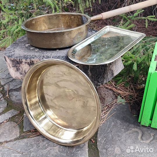Старинная латунная утварь. Таз. Чайник. Поднос