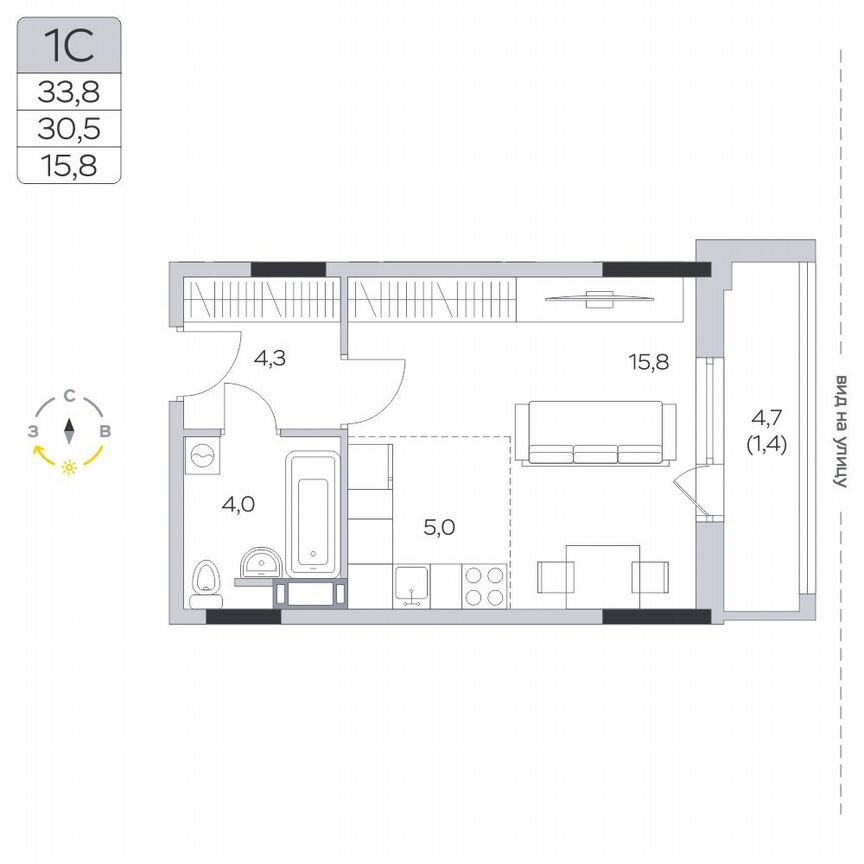 Квартира-студия, 30,7 м², 8/9 эт.