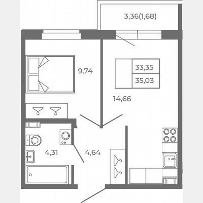 1-к. квартира, 33,4 м², 2/4 эт.