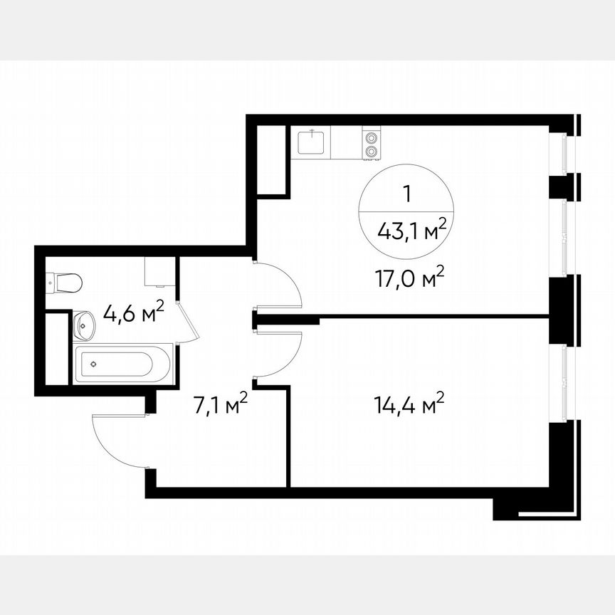1-к. квартира, 43,1 м², 4/19 эт.