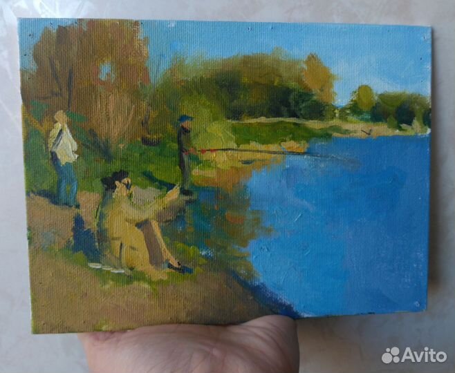 Картина Этюд маслом берег река пейзаж