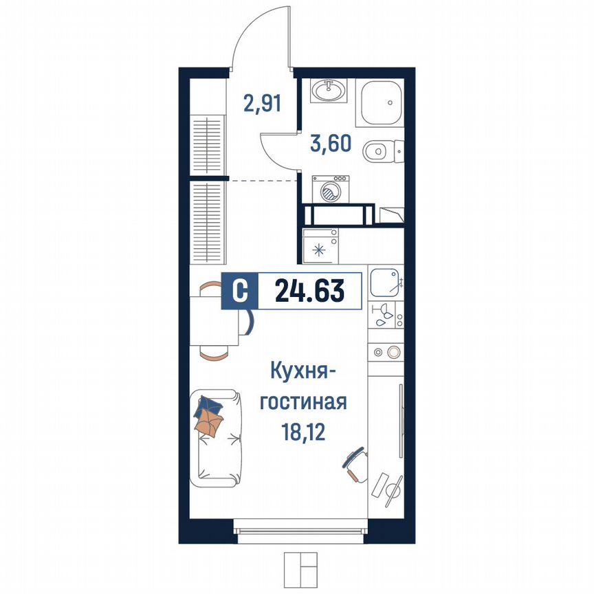 Квартира-студия, 24,6 м², 15/18 эт.