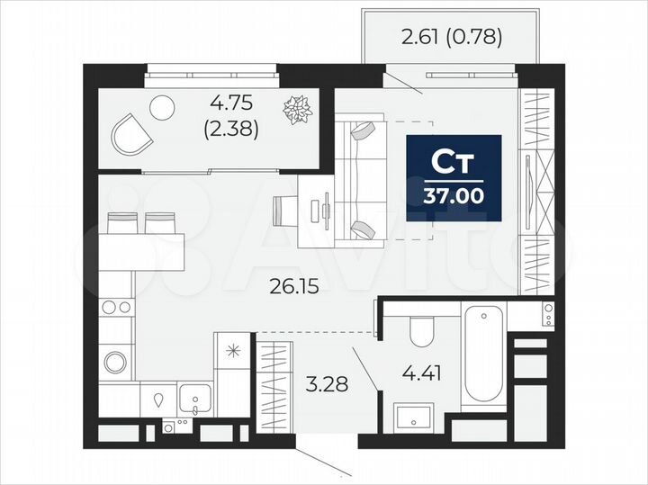 Квартира-студия, 37 м², 13/21 эт.