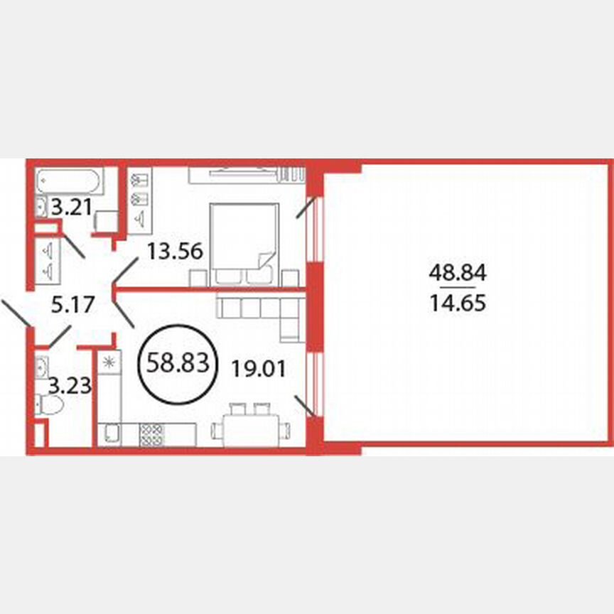 1-к. квартира, 58,8 м², 2/12 эт.